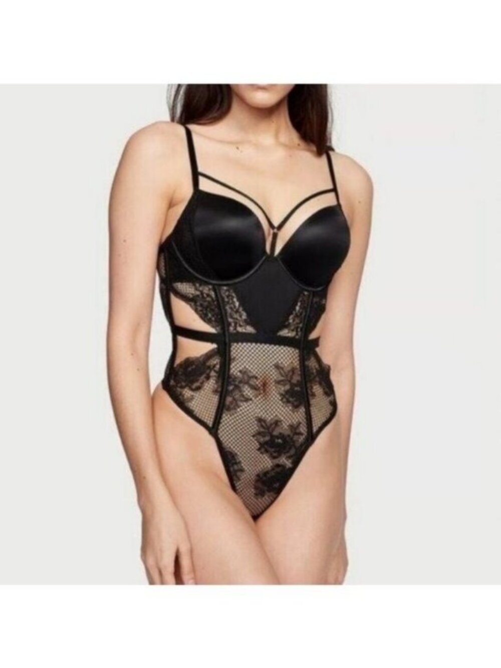 Victoria’s Secret Very Sexy Black Bombshell Fishnet Floral Teddy Size S NWT